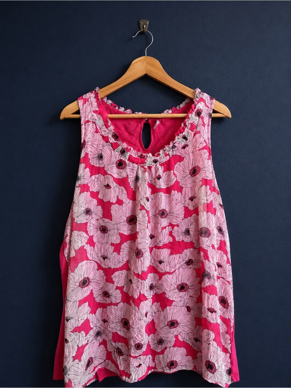ELLE L Pink Floral Layered Chiffon Ruffle Neck Sleeveless Tunic Top